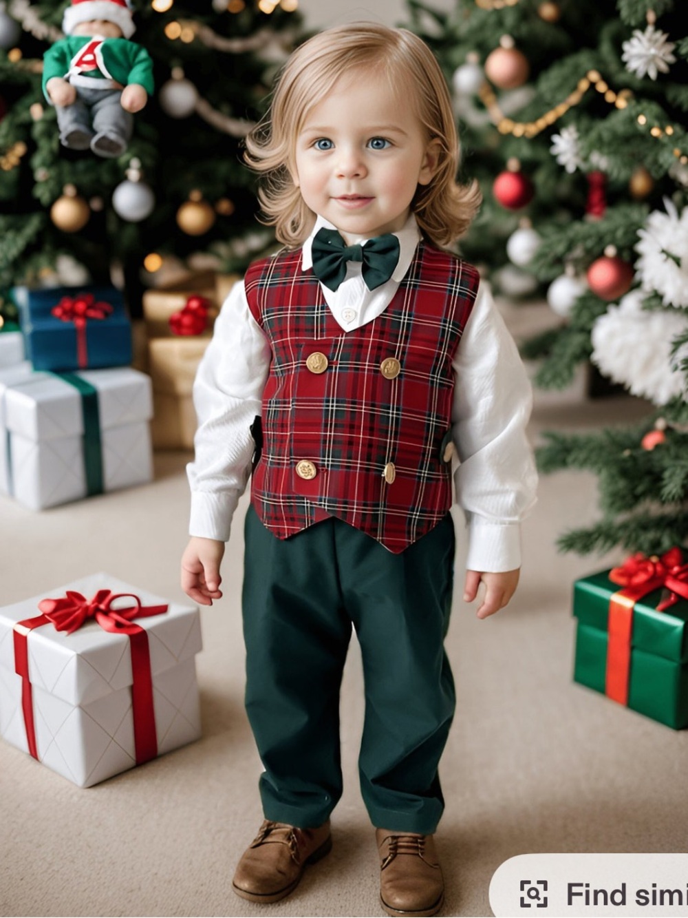 Christmas Red Plaid Vest & White Shirt Set with Dark Green Pants Set- size 3T-4T